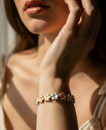 Cargar imagen en el visor de la galería, Tri-Color_14K Gold Satin and Diamond Cut Sculpted Plumeria Bracelet, 7"_I_Heart_1
