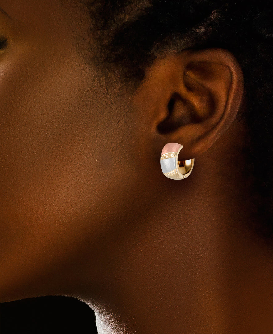 tri-color-1_14K Gold Tri Color Satin and Diamond Cut Bold Huggie Hoop Earrings_I_Heart_1