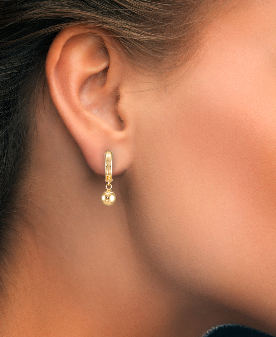 Yellow Gold_14K Gold Huggie Hoop Earrings with Gold Ball Dangles_I_Heart_1