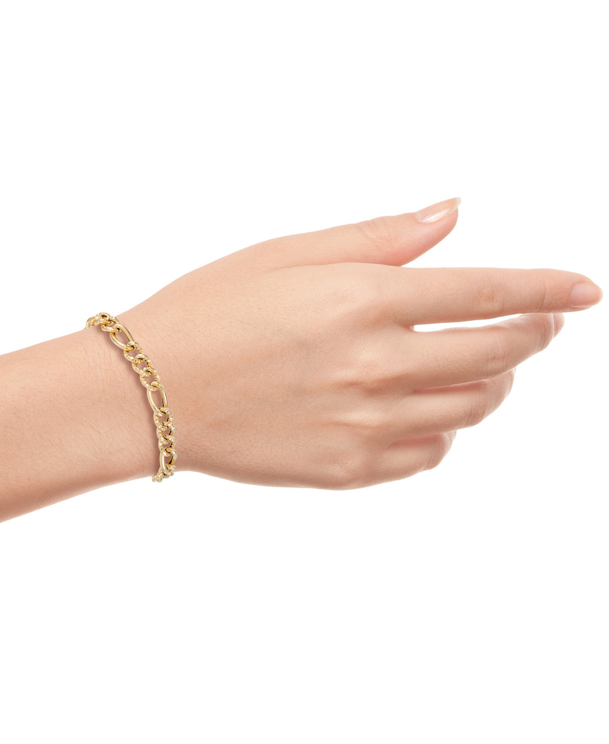 Yellow Gold_14K Gold Classic Italian Polished and Textured Figaro Bracelet, 7"", Made in Italy_I_Heart_1