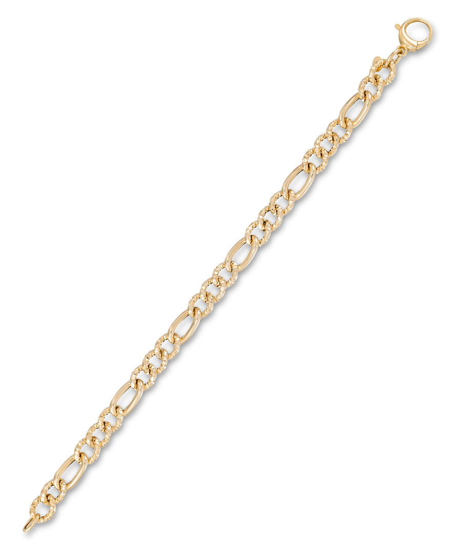 Yellow Gold_14K Gold Classic Italian Polished and Textured Figaro Bracelet, 7"", Made in Italy_I_Heart_1