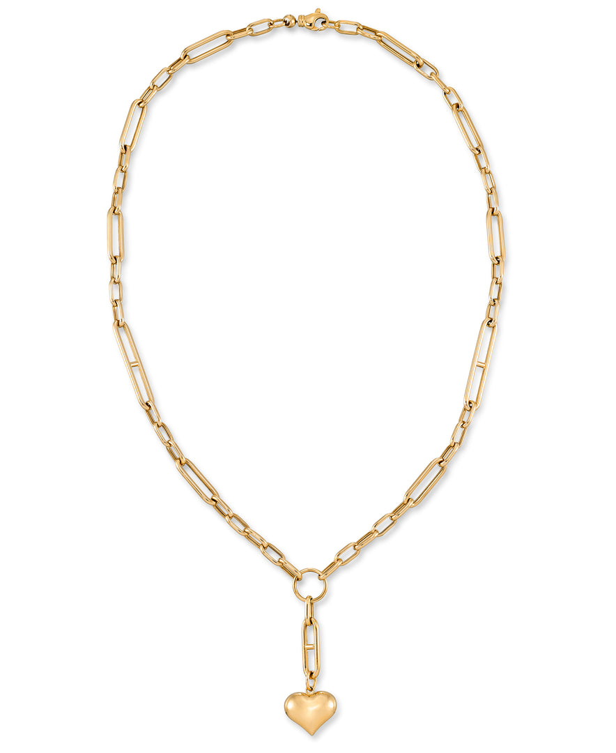 Yellow Gold_14K Gold Heart Lariat Necklace with Paper Clip Chain_I_Heart_1