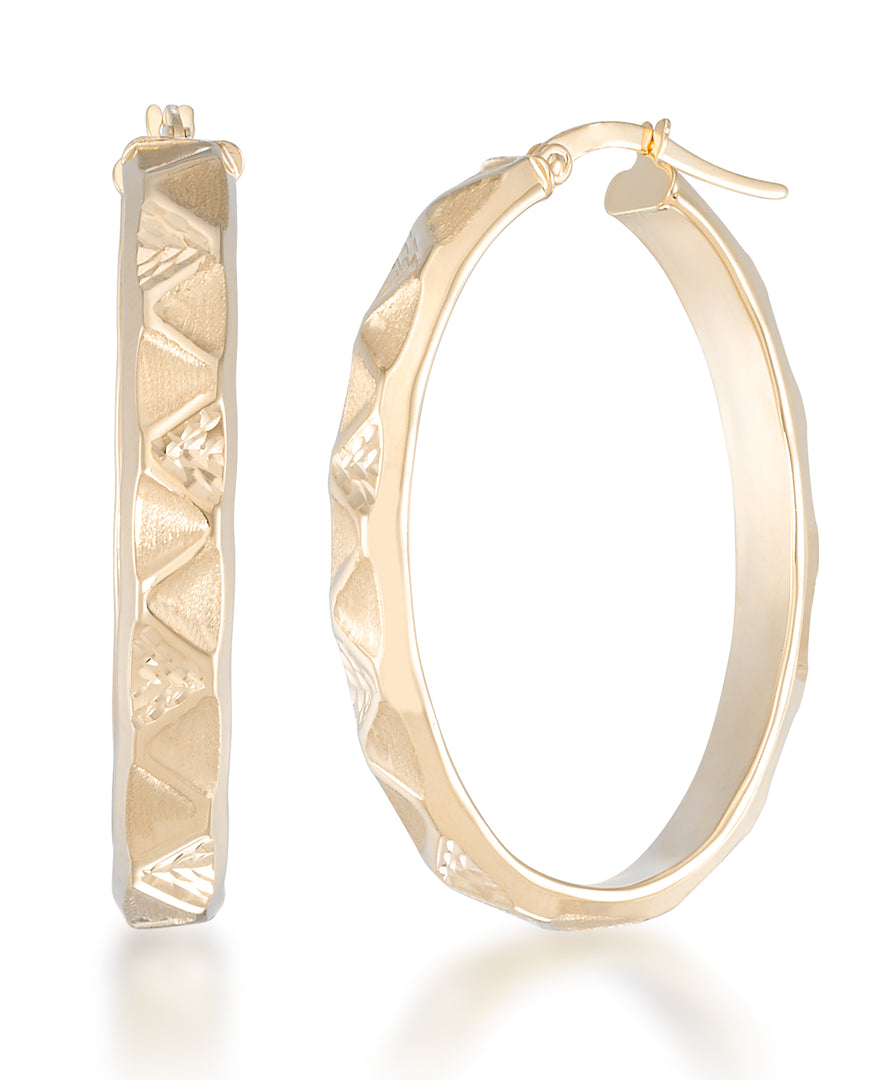 Yellow Gold_14K Gold Sating and Diamond Cut Sculpted Large Oval Hoop Earrings, Made in Italy_I_Heart_1