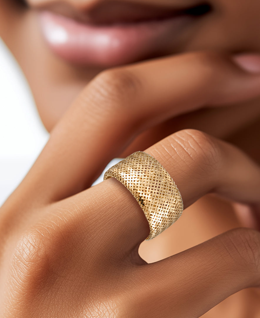 14K Gold Wide Strechable Woven Mesh Band Ring, Made in Italy_I_Heart_1