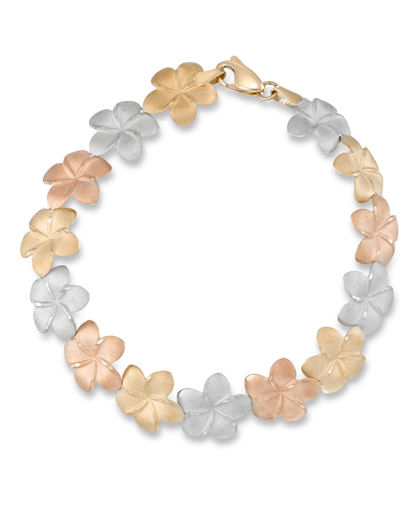 Tri-Color_14K Gold Satin and Diamond Cut Sculpted Plumeria Bracelet, 7"_I_Heart_1
