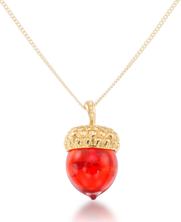 18K Yellow Gold over Sterling Silver_Amber Rosa® Red Genuine Amber Acorn Pendant , 18" Chain_I_Heart_1