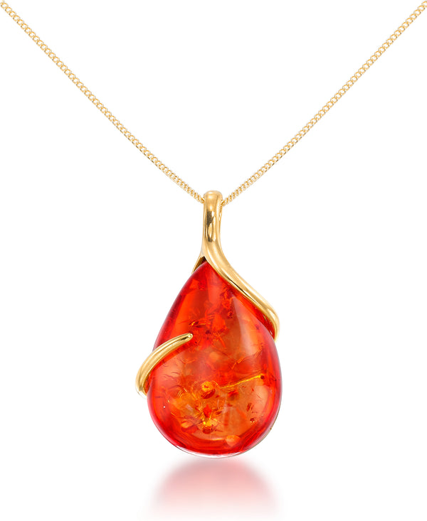 18K Yellow Gold over Sterling Silver_Amber Rosa® Red Genuine Amber Bold Teardrop Pendant, 18" Chain_I_Heart_1