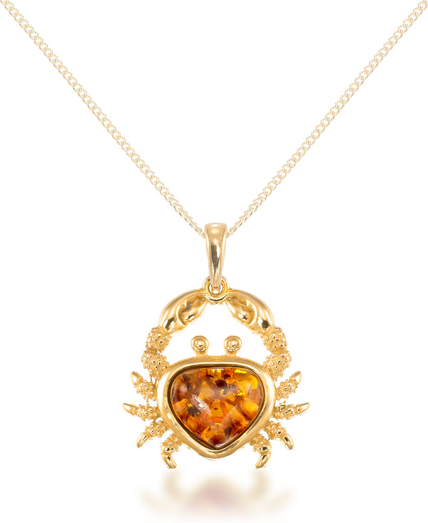 18K_Yellow_Gold_over_Sterling_Silver_Amber Rosa® Red Genuine Amber Happy Crab Pendant, 18" Chain_I_Heart_1