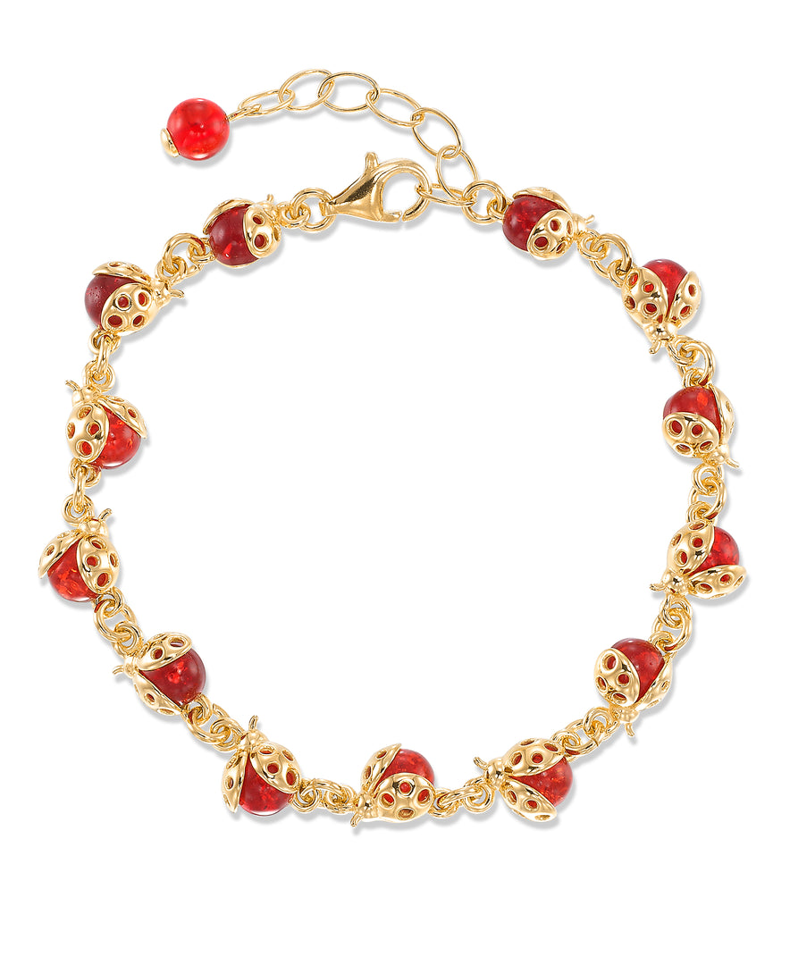 18K Yellow Gold over Sterling Silver_Amber Rosa® Red Genuine Amber Multi Ladybug Bracelet, 7" Plus 2" Extender_I_Heart_1