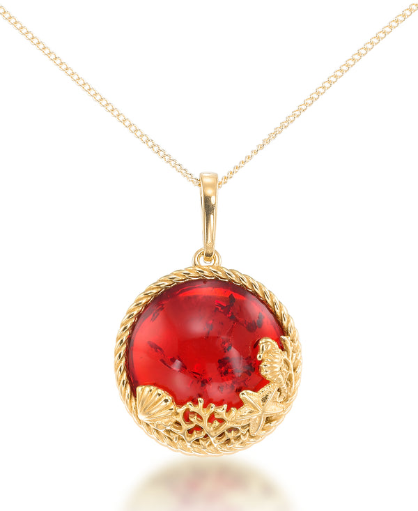 18K Yellow Gold over Sterling Silver_Amber Rosa® Red Genuine Amber Sealife Pendant , 18" Chain_I_Heart_1