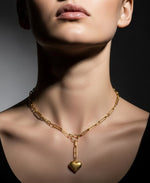 Load image into Gallery viewer, Yellow Gold_14K Gold Heart Lariat Necklace with Paper Clip Chain_I_Heart_1

