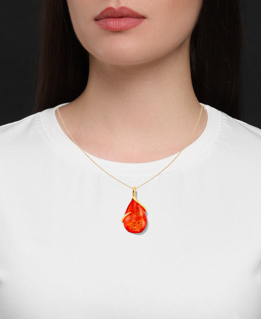 18K Yellow Gold over Sterling Silver_Amber Rosa® Red Genuine Amber Bold Teardrop Pendant, 18" Chain_I_Heart_1