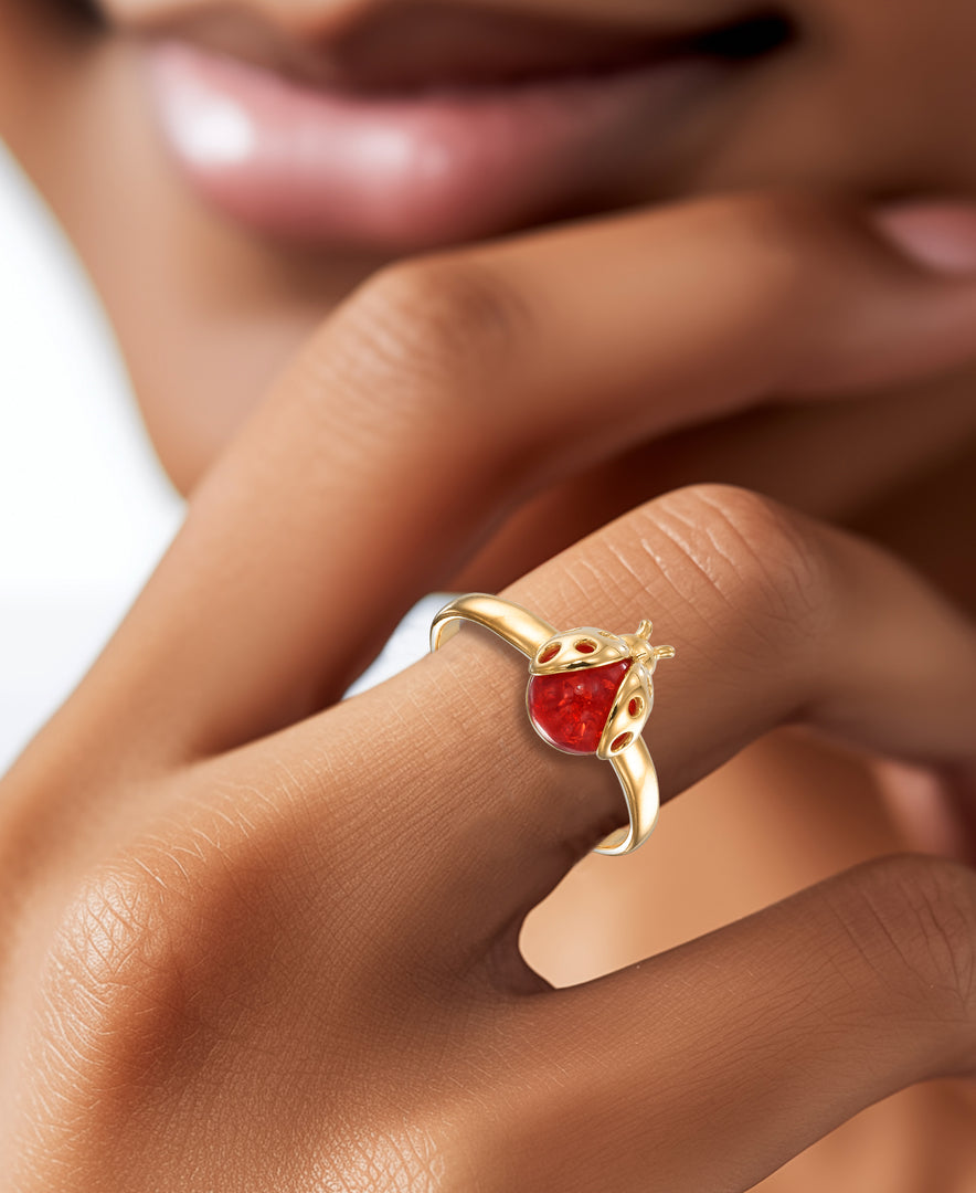 18K Yellow Gold over Sterling Silver Amber Rosa® Red Genuine Amber Ladybug Ring_I_Heart_1