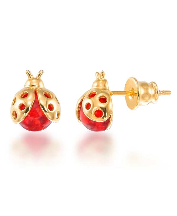 18K Yellow Gold over Sterling Silver_Amber Rosa® Red Genuine Amber Ladybug Stud Earrings_I_Heart_1