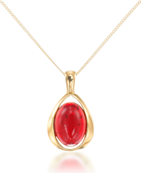 18K Yellow Gold over Sterling Silver_Amber Rosa® Red Genuine Amber Modern Teardrop Pendant, 18" Chain_I_Heart_1