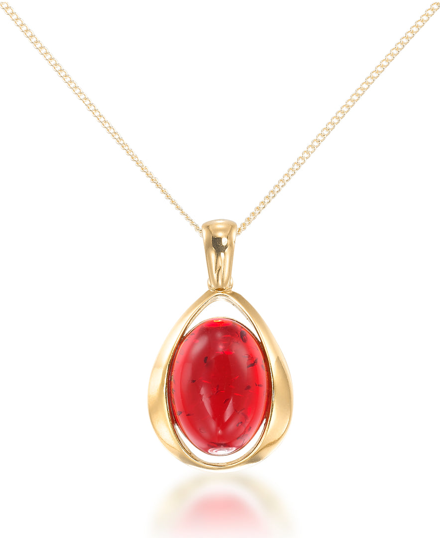 18K Yellow Gold over Sterling Silver_Amber Rosa® Red Genuine Amber Modern Teardrop Pendant, 18" Chain_I_Heart_1
