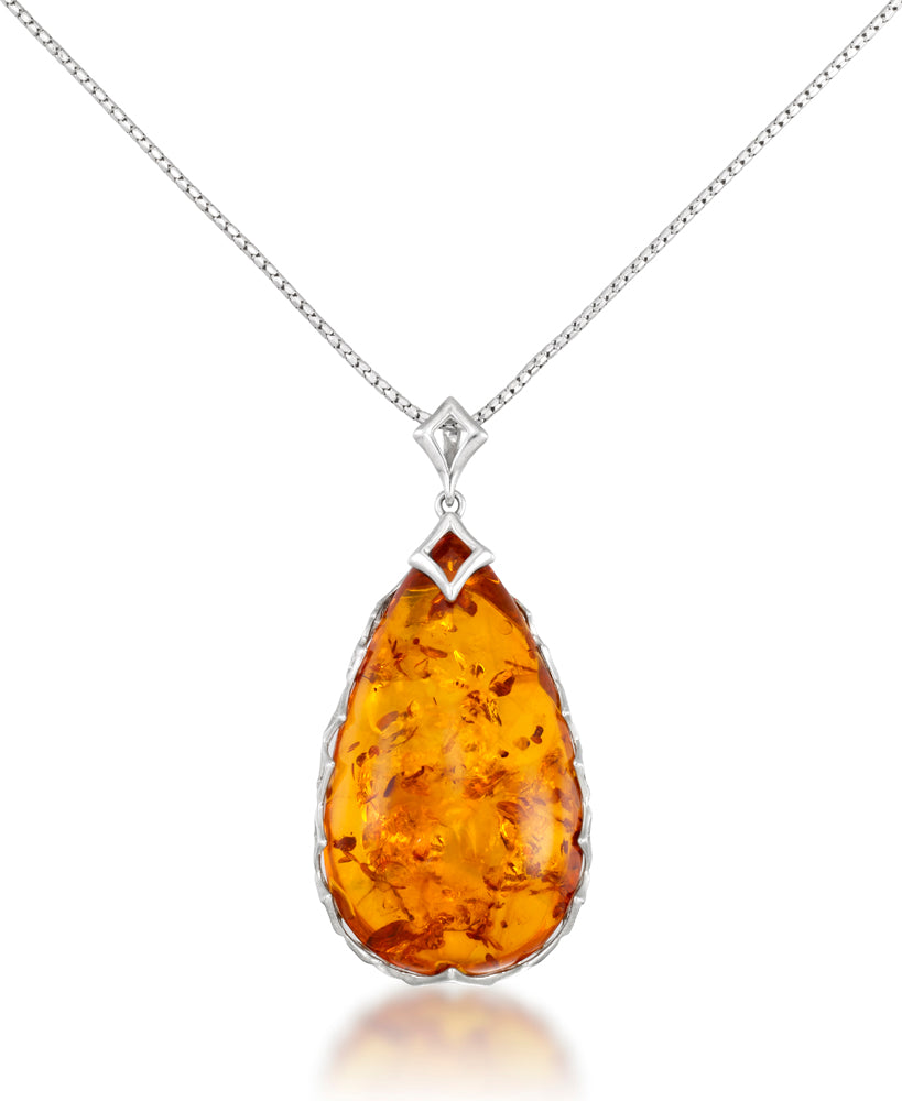 Sterling Silver_Amber Rosa™ Genuine Cognac Amber Large Teardrop Necklace with Adjustable Clasp_I_Heart_1