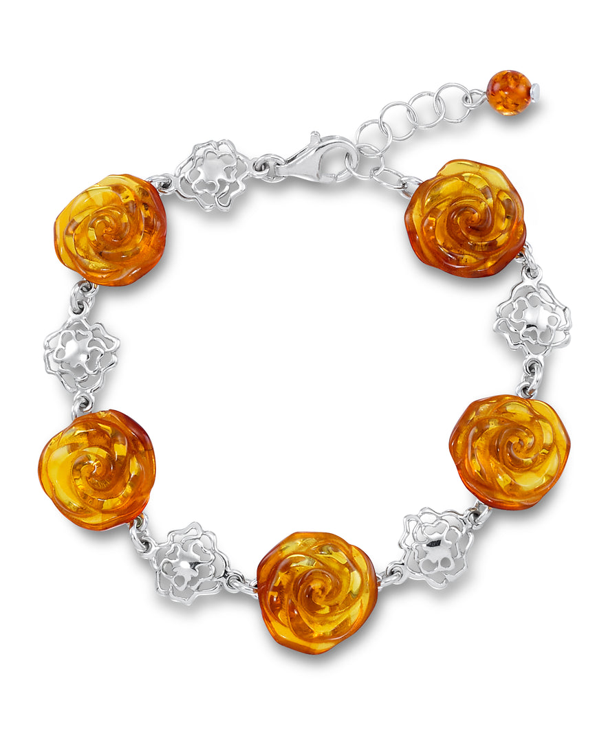 Sterling Silver_Amber Rosa™ Genuine Honey Amber Carved Roses Bracelet, 7" + 1" Extender_I_Heart_1