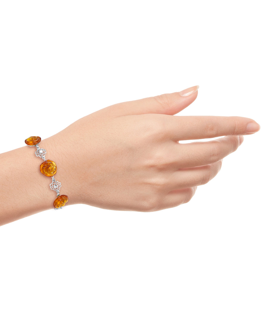 Sterling Silver_Amber Rosa™ Genuine Honey Amber Carved Roses Bracelet, 7" + 1" Extender_I_Heart_1