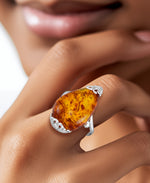 Load image into Gallery viewer, Sterling Silver_Amber Rosa™ Genuine Honey Amber Large Teardrop Ring_I_Heart_1

