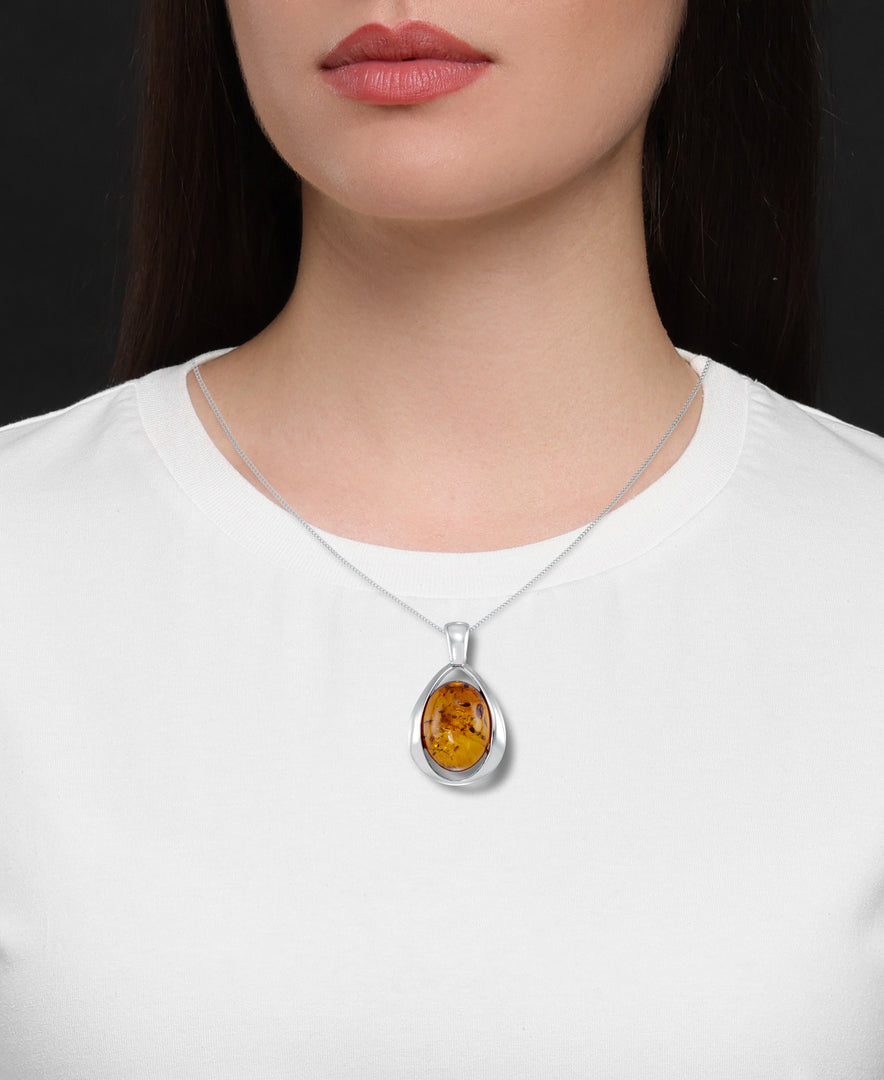 Sterling Silver_Amber Rosa™ Sterling Silver Large Oval Genuine Cognac Amber in Modern Teardrop Design Pendant, 18"_I_Heart_1