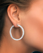Load image into Gallery viewer, Platinum over Sterling Silver_Bold Square Tube Round Hoop Earrings with Brilliant Hand Diamond Cutting_I_Heart_1
