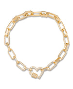 Load image into Gallery viewer, 14K Yellow Gold over Sterling Silver_CT. T.W. Simulated Diamond Paper Clip Bracelet with Pave Heart Clasp_I_Heart_1
