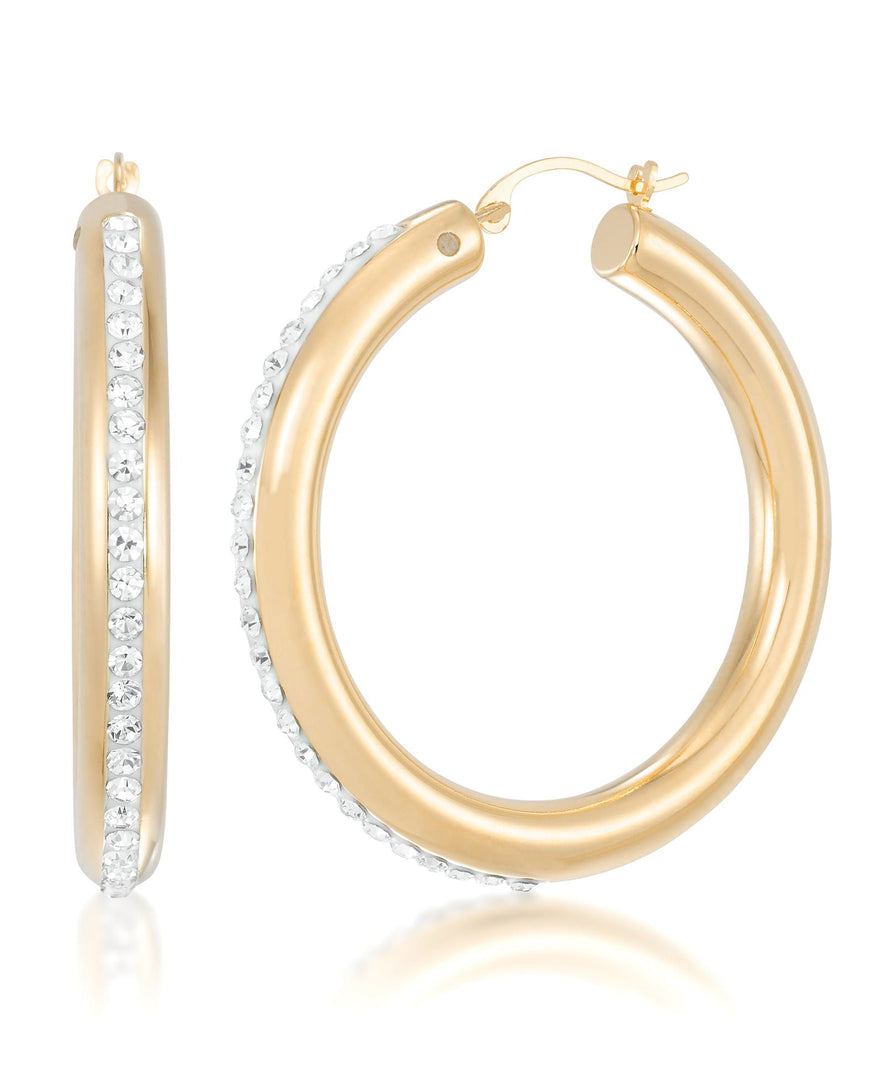 Yellow Gold_Gold Luxe® 14K Yellow Gold Medium Round Hoops with Brilliant Pave Crystals.  Dent Resistant, Infused with Nano Diamond Resin Core® - iHeart Jewels_I_Heart_1