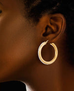 Load image into Gallery viewer, Yellow Gold_Gold Luxe® 14K Yellow Gold Medium Round Hoops with Brilliant Pave Crystals.  Dent Resistant, Infused with Nano Diamond Resin Core® - iHeart Jewels_I_Heart_1
