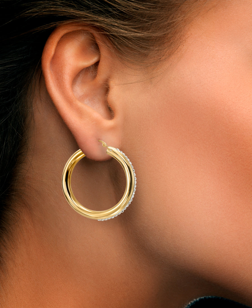 Yellow Gold_Gold Luxe® 14K Yellow Gold Medium Round Hoops with Brilliant Pave Crystals.  Dent Resistant, Infused with Nano Diamond Resin Core® - iHeart Jewels_I_Heart_1