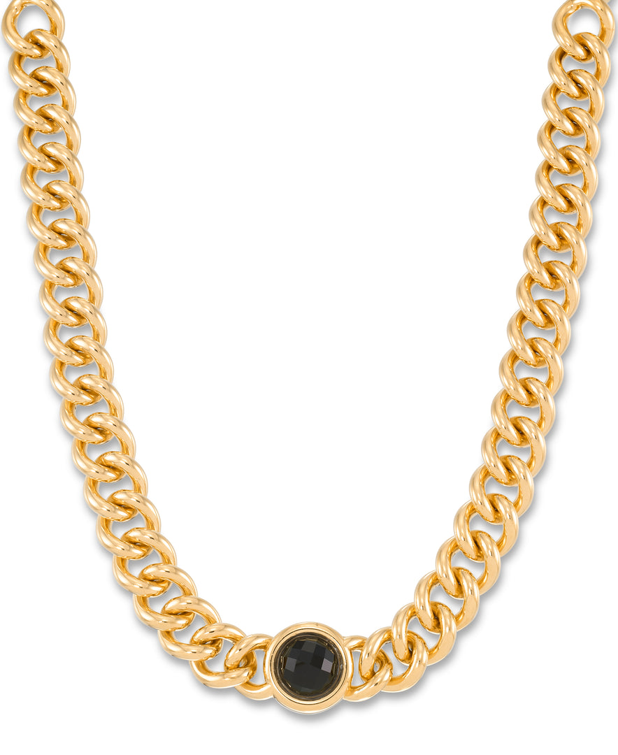 Yellow Gold_Gold Luxe® 14K Gold Genuine Black Faceted Onyx Centerpiece Curb Link Necklace. Dent Resistant, Infused with Nano Diamond Resin Core®_I_Heart_1