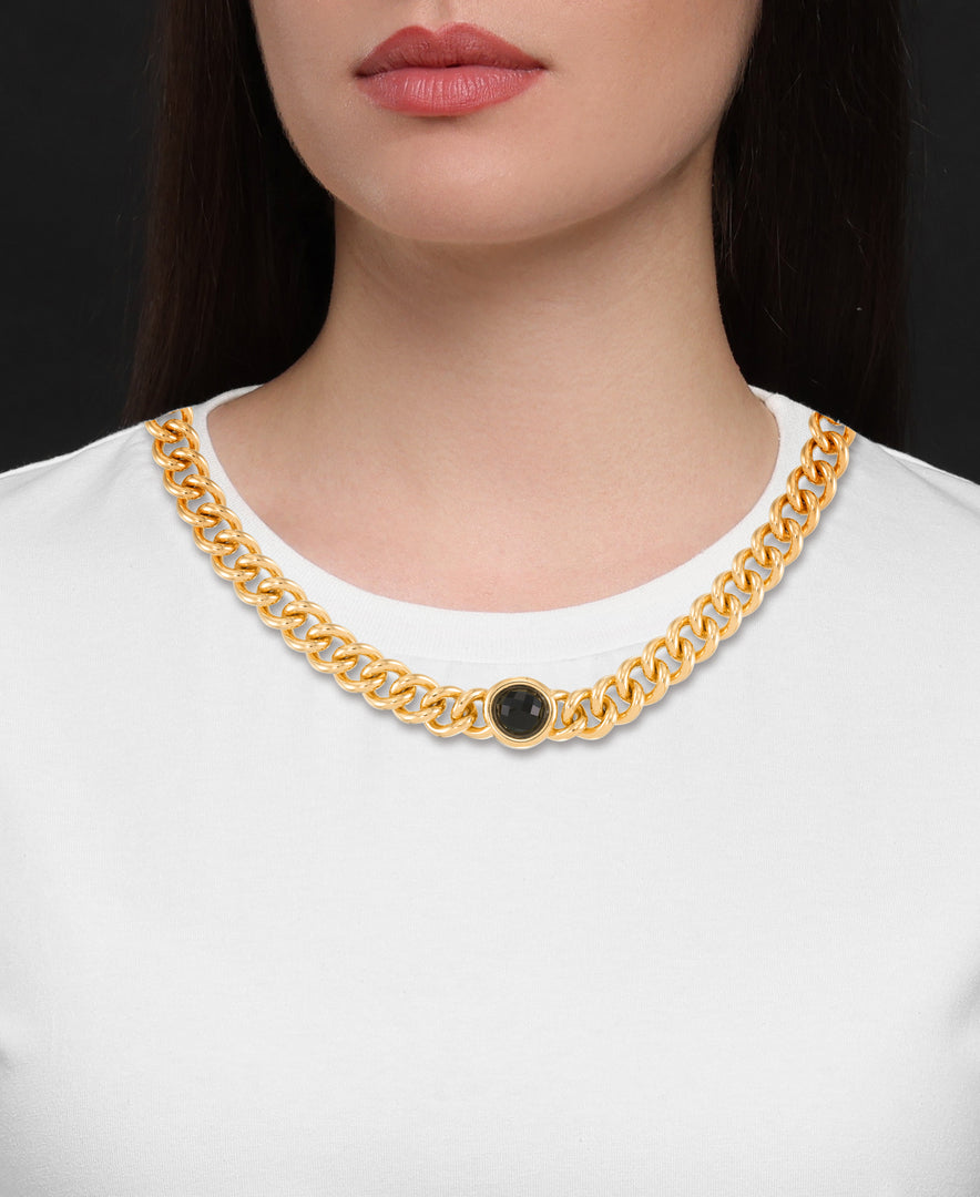 Yellow Gold_Gold Luxe® 14K Gold Genuine Black Faceted Onyx Centerpiece Curb Link Necklace. Dent Resistant, Infused with Nano Diamond Resin Core®_I_Heart_1
