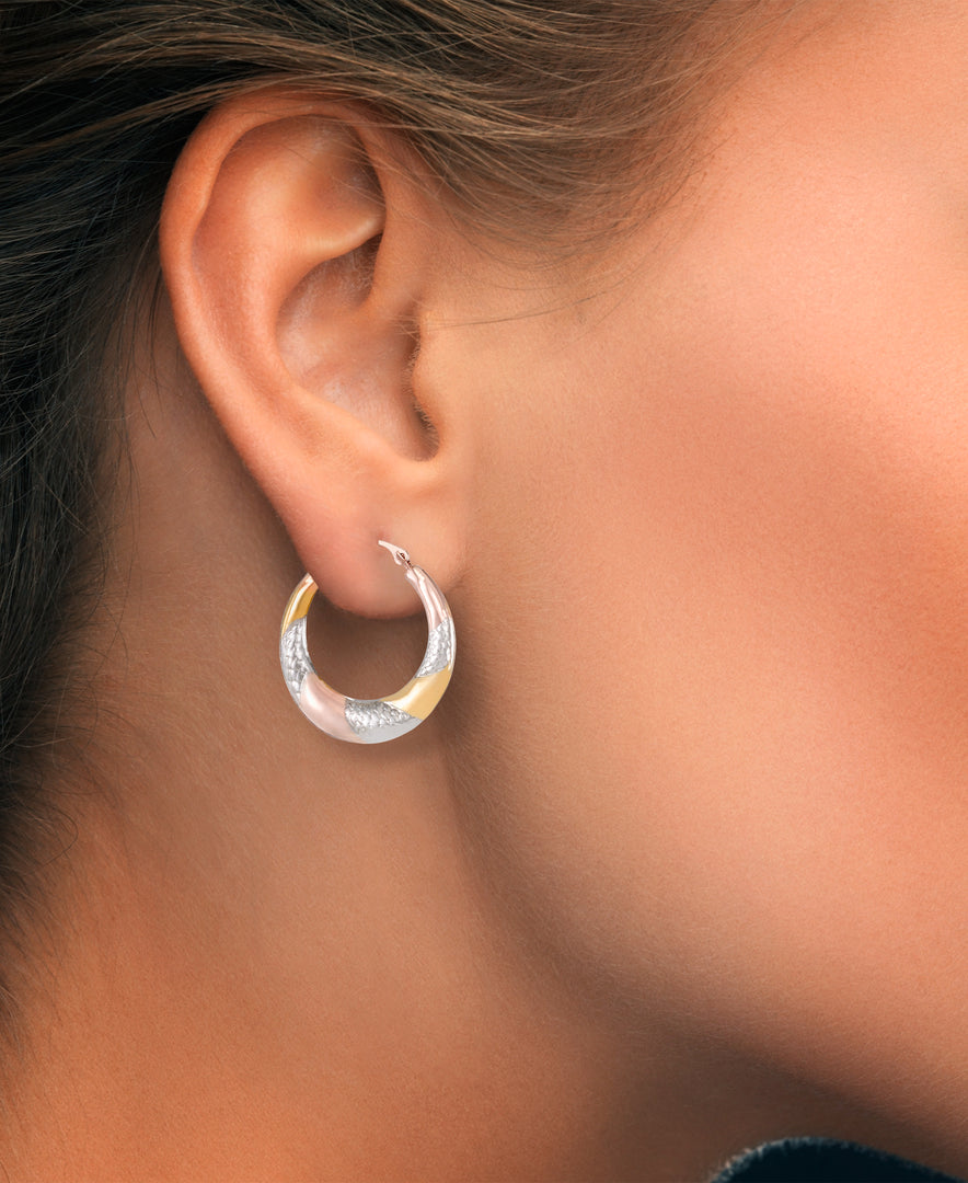 Tri-Color_Graduated Tri Color Round Hoop Earrings with Satin and Diamond Cut in 14K Yellow, Rose and White Gold over Sterling Silver_I_Heart_1