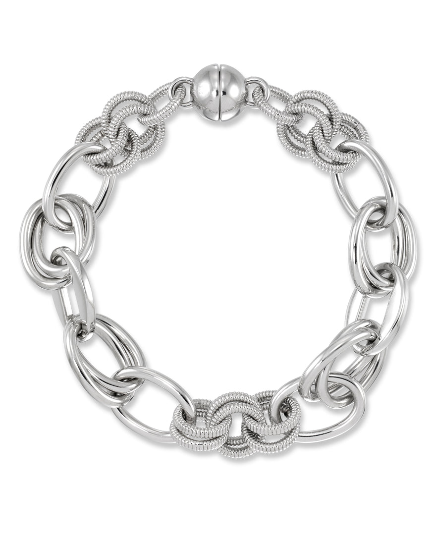 Platinum over Sterling Silver_Polished and Textured Multi Link Bracelet with Nano Diamond Resin® Core, Magnetic Closure_I_Heart_1