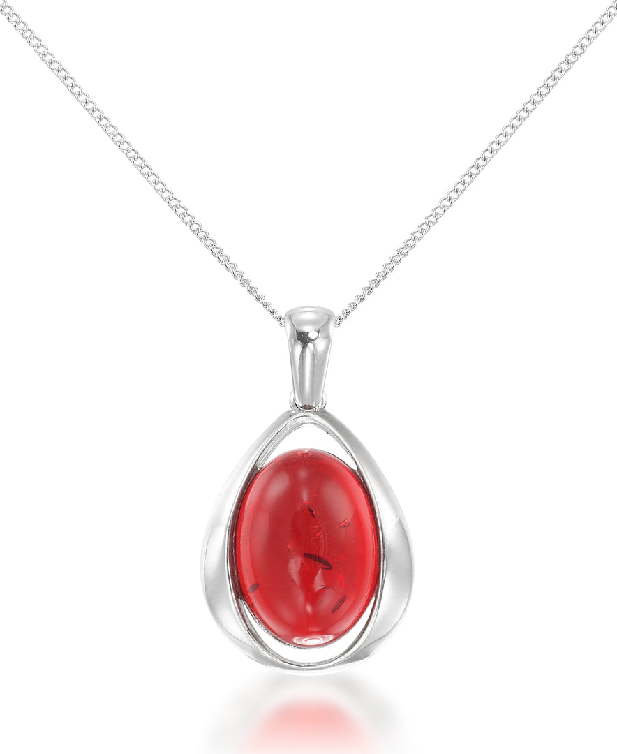 Sterling Silver_Amber Rosa® Red Genuine Amber Modern Teardrop Pendant, 18" Chain_I_Heart_2