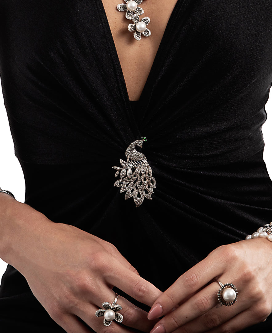 Tori Hill® Genuine Marcasite and Crystal Large Flower Ring with Perfectly Round Simulated Pearl