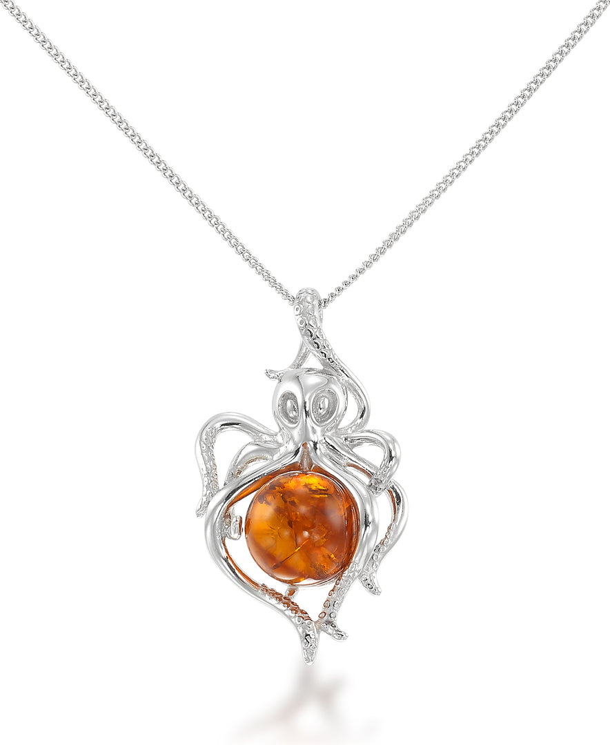 Sterling Silver_Amber Rosa™ Genuine Honey Amber Octopus Pendant, 18" Chain_I_Heart_1