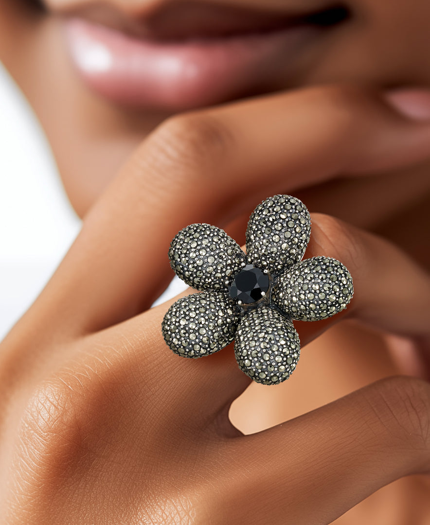 Sterling_Silver_Tori Hill® Genuine Marcasite Large Flower Ring  with Faceted Onyx Center_I_Heart_1