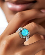 Load image into Gallery viewer, Sterling Silver_Tori Hill® Genuine Marcasite and Simulated Opal Halo Ring_I_Heart_1
