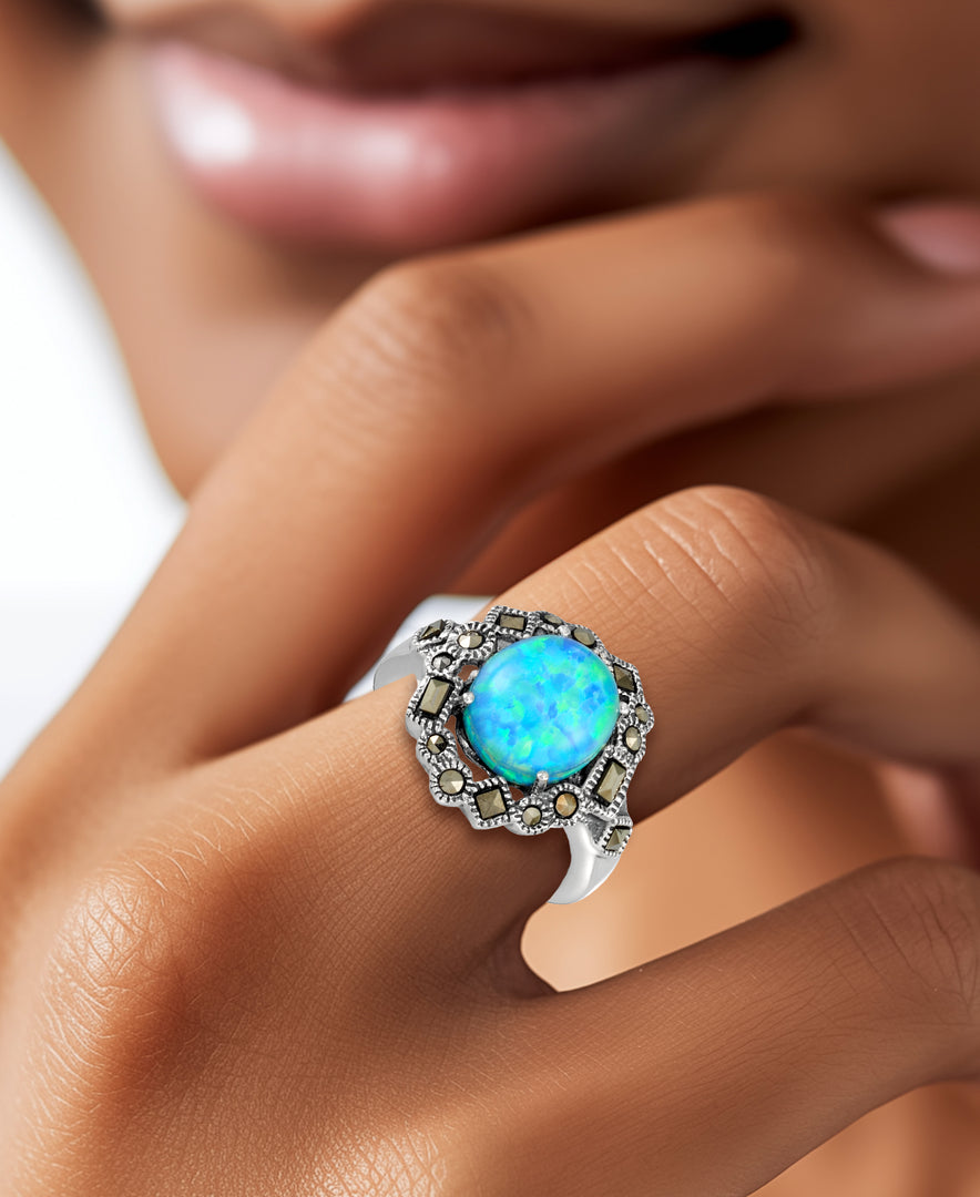 Sterling Silver_Tori Hill® Genuine Marcasite and Simulated Opal Halo Ring_I_Heart_1
