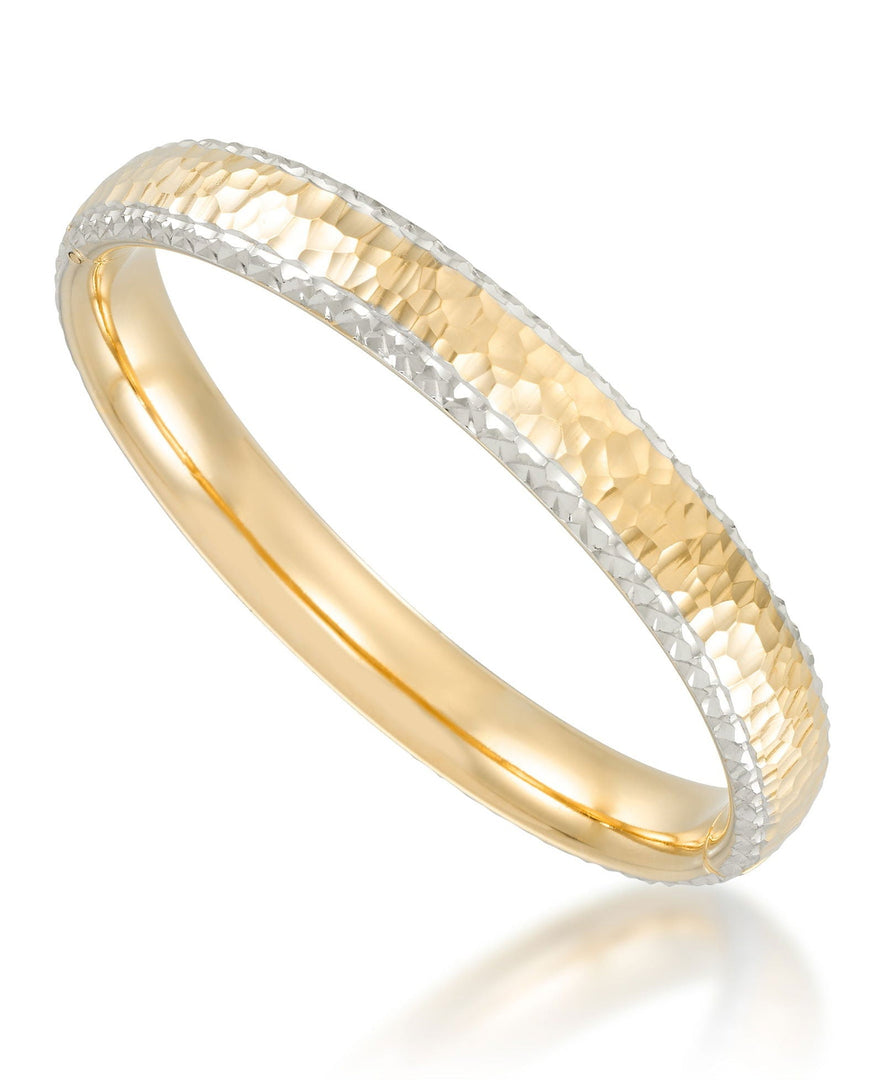 Two-Tone_Gold Luxe® 14K  Gold 2/Tone Hammered Diamond Cut Domed Bangle.  Dent Resistant, Infused with Nano Diamond Resin Core®. Average Wrist Size. - iHeart Jewels_I_Heart_1