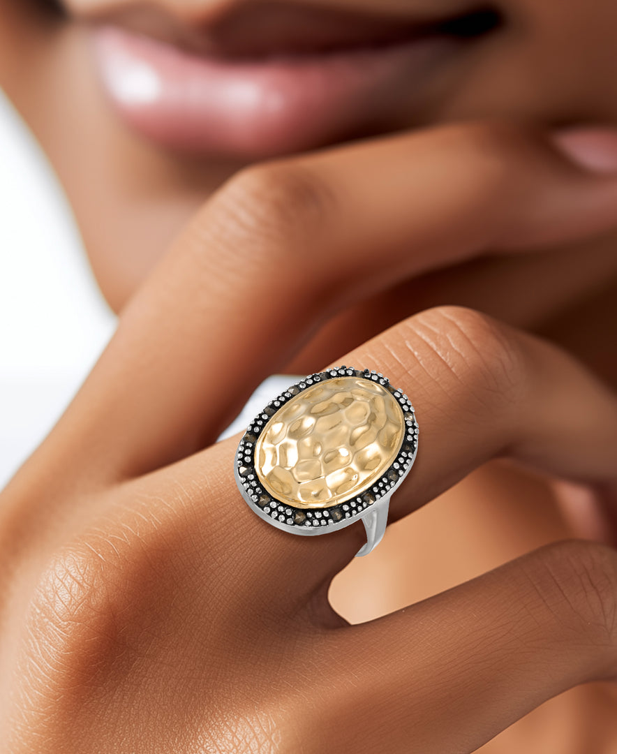 14K Yellow Gold over Sterling Silver_Tori Hill®  Genuine Marcasite Hammered Oval Halo Ring in Two-Tone Sterling Silver_I_Heart_1