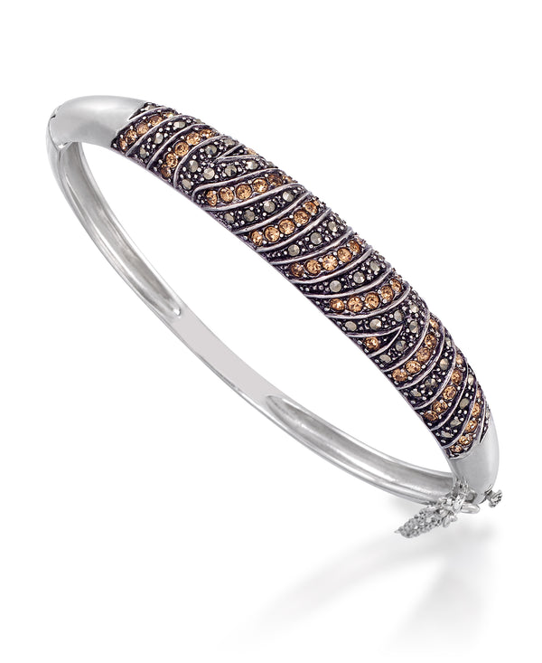 Sterling Silver Tori Hill® Genuine Marcasite and Champagne Crystal Zebra Print Hinged Bangle Bracelet, 7"_I_Heart_1