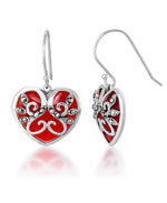 Load image into Gallery viewer, Sterling Silver_Tori Hill® Genuine Marcasite and Simulated Ruby Filigree Heart Dangle Earrings_I_Heart_1
