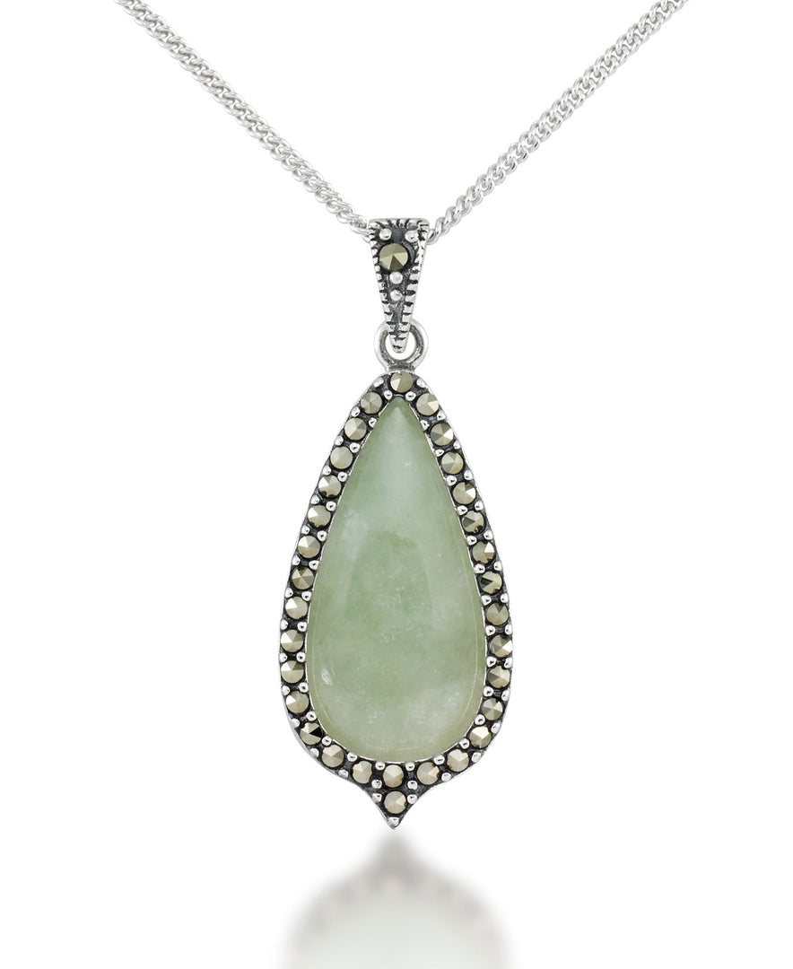 Sterling Silver_Tori Hill® Genuine Jade and Marcasite Elongated Teardrop Pendant 18"_I_Heart_1