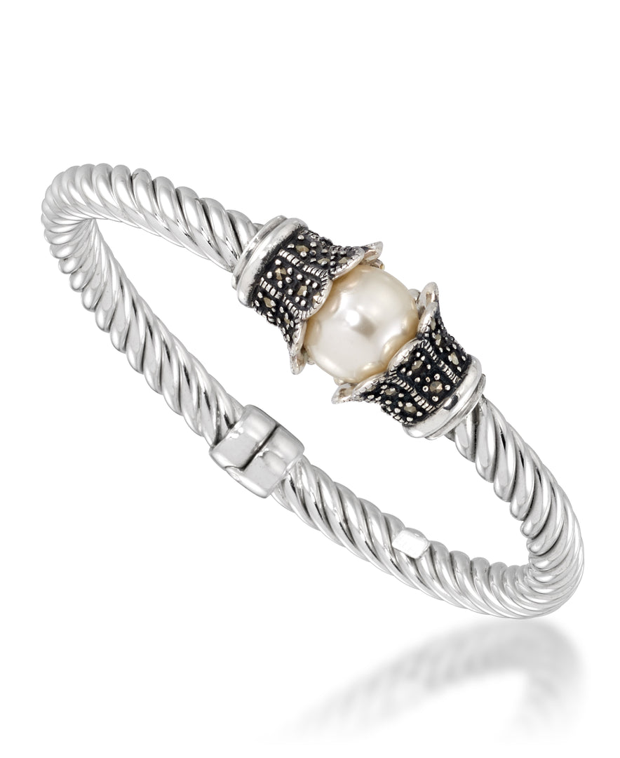 Sterling Silver_Tori Hill® Genuine Marcasite Hinged Twist Bangle with Round Simulated Pearl_I_Heart_1