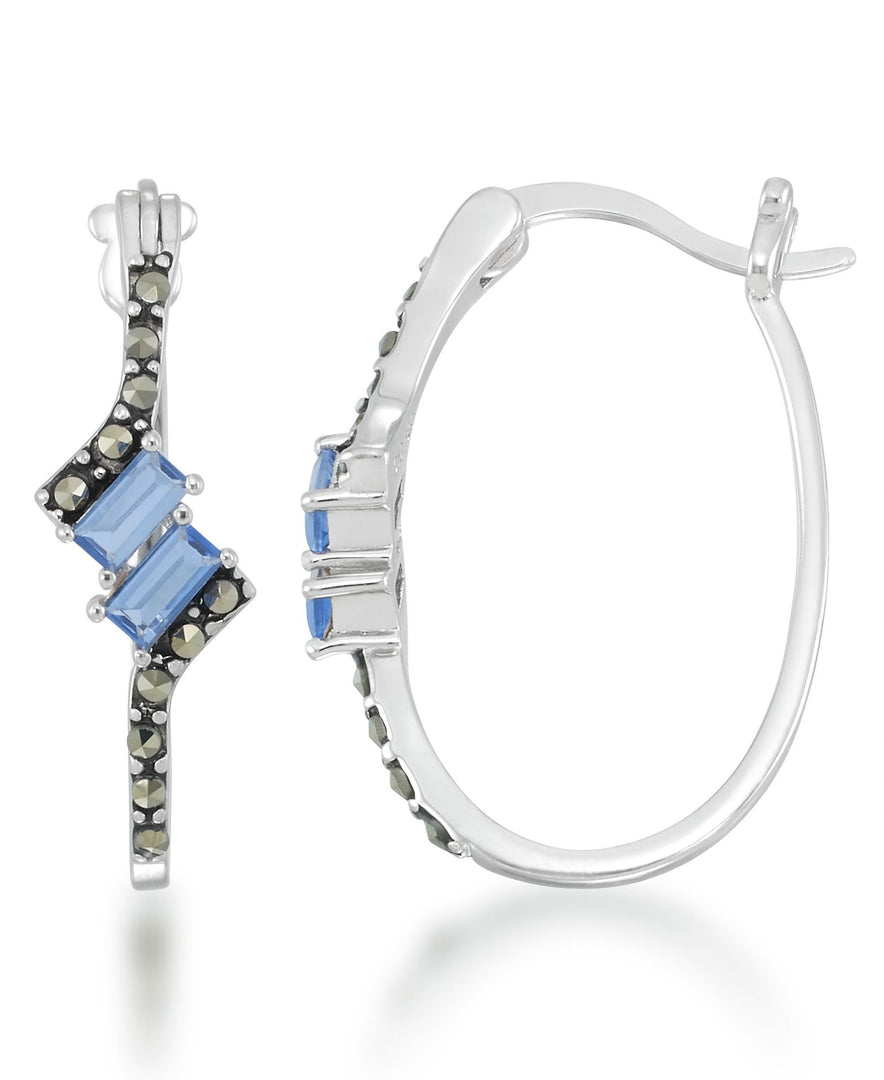 Blue Topaz_Tori Hill® Sterling Silver Genuine Marcasite and Simulated Blue Topaz Oval Hoop Earrings_I_Heart_1