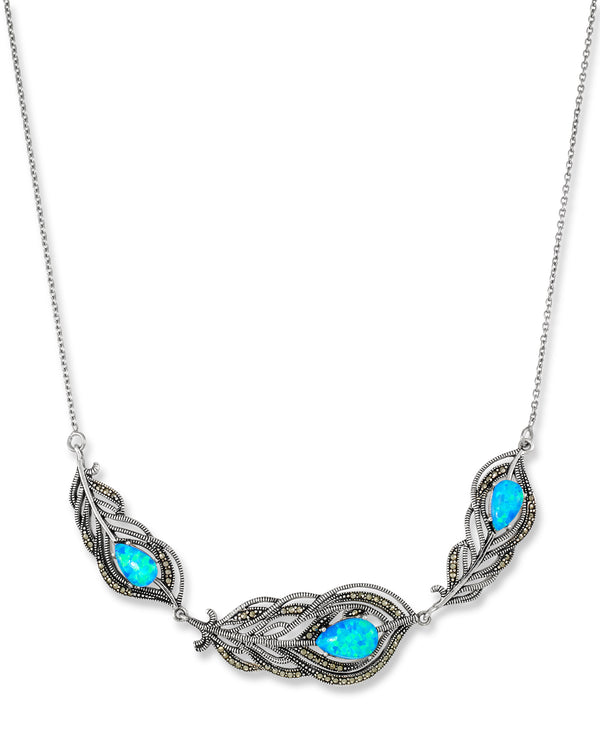 Sterling Silver_Tori Hill® Sterling Silver Genuine Marcasite Peacock Feather Necklace with Created Opals_I_Heart_1