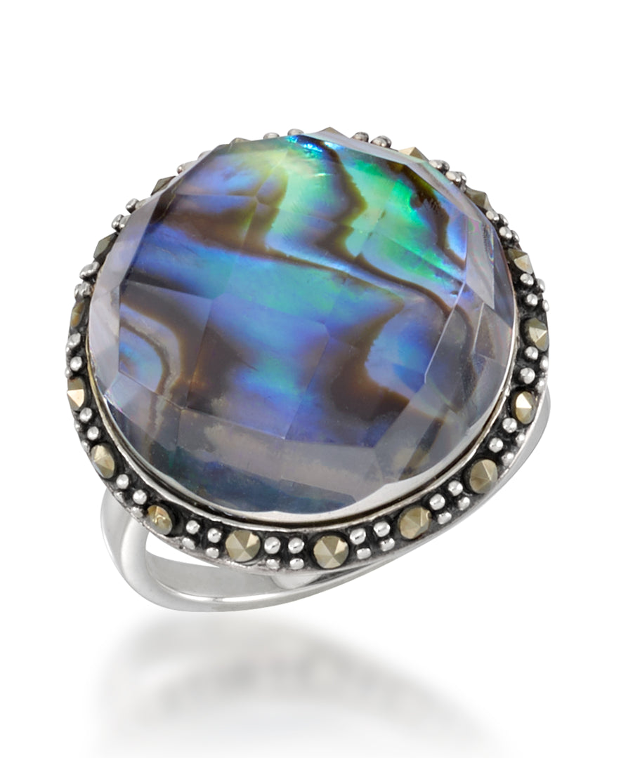 Sterling Silver_Tori Hill® Genuine Marcasite and Abalone Doublet Large Round Halo Ring_I_Heart_1