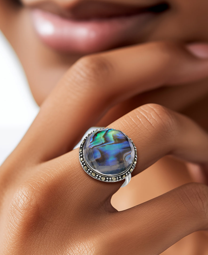 Sterling Silver_Tori Hill® Genuine Marcasite and Abalone Doublet Large Round Halo Ring_I_Heart_1